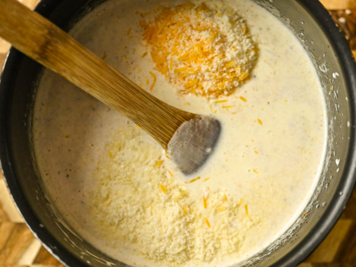 keto friendly mac & cheese sauce being made in a pot