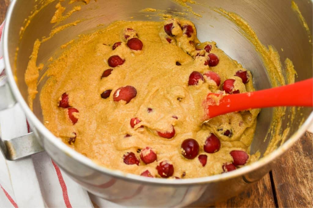 keto pumpkin cranberry cake batter being made