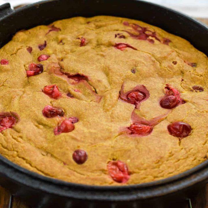 keto pumpkin cranberry skillet cake baked in a cast iron skillet