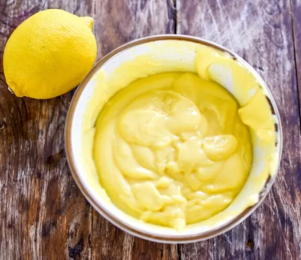 low carb lemon curd in a white bowl