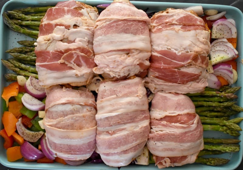 Keto Bacon Wrapped Chicken Thighs On Veggies (prep)