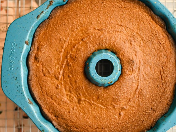 keto pumpkin pound cake baked in a large bundt pan