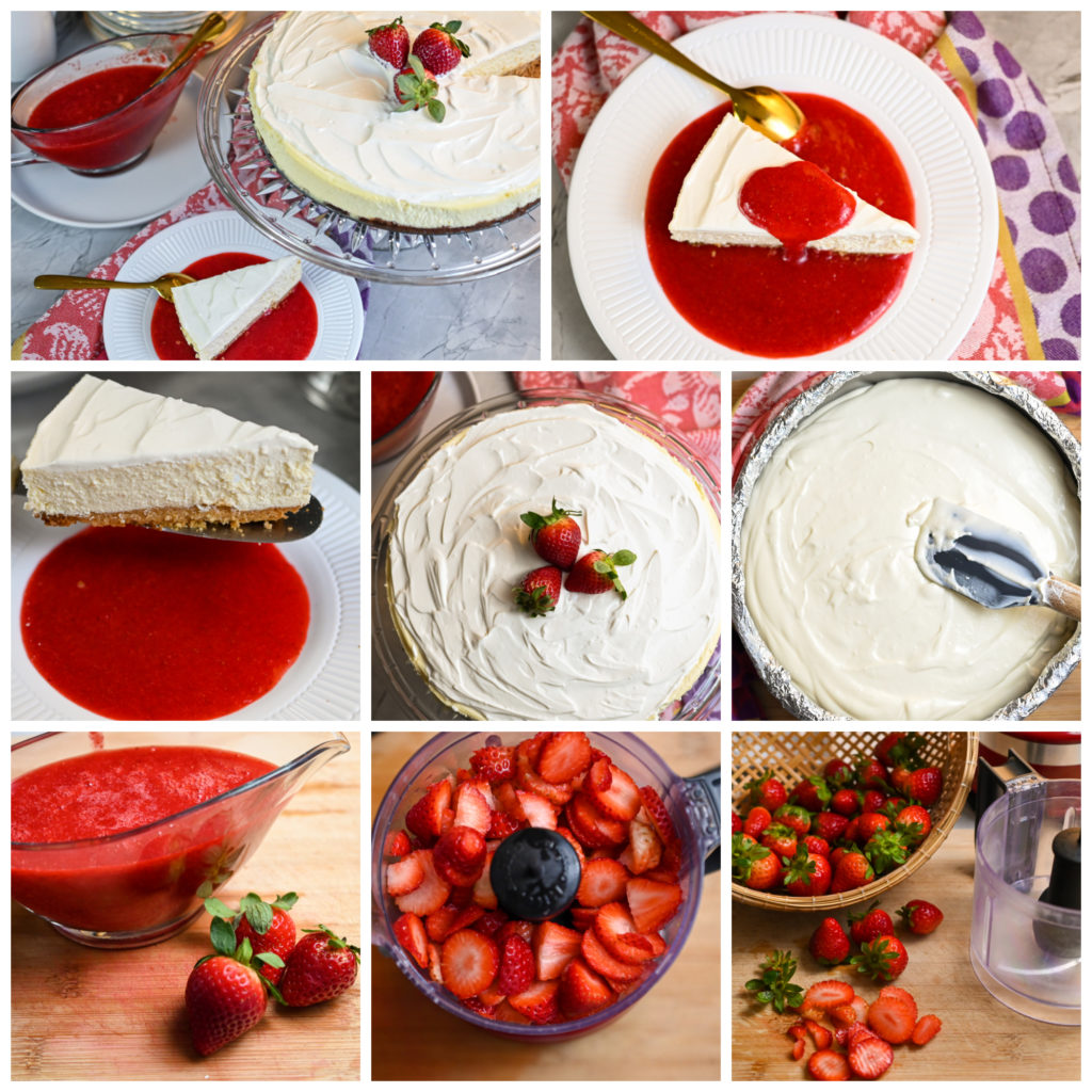 keto baked cheesecake with fresh strawberry sauce process pictures