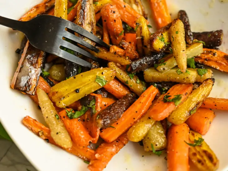 Keto roasted glazed carrots served in a white bowl