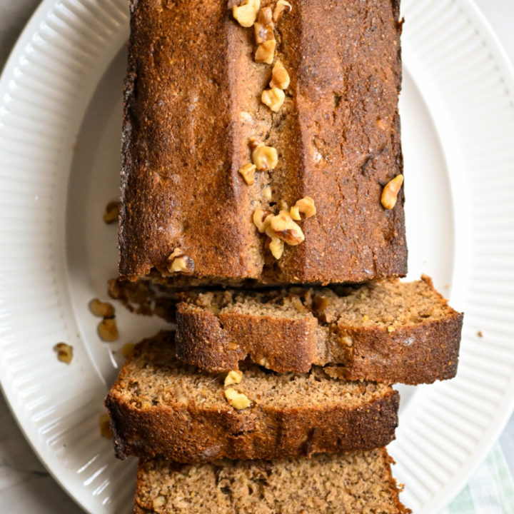 keto banana nut bread recipe card image