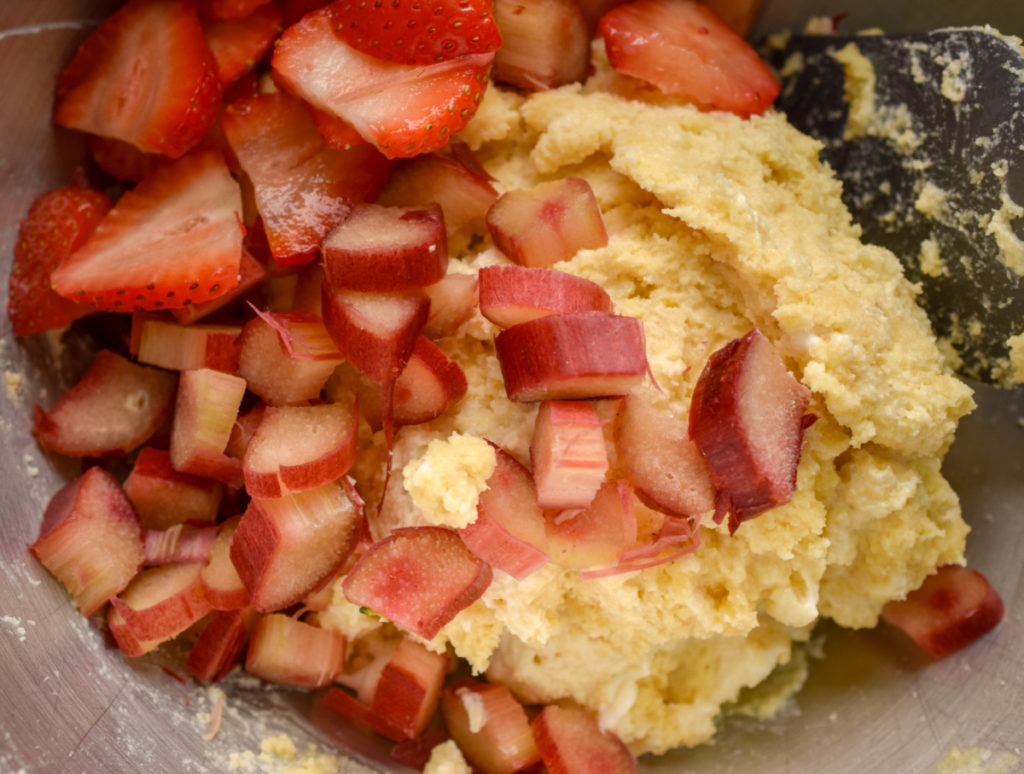 Low carb strawberry rhubarb scone batter being made in a metal bowl