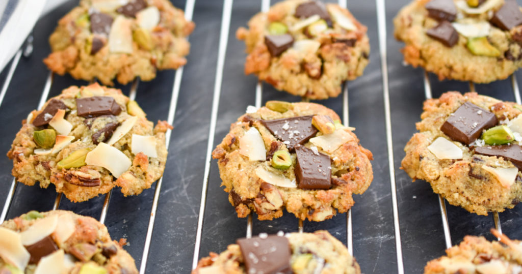 keto trash cookies cooling on a baking rack