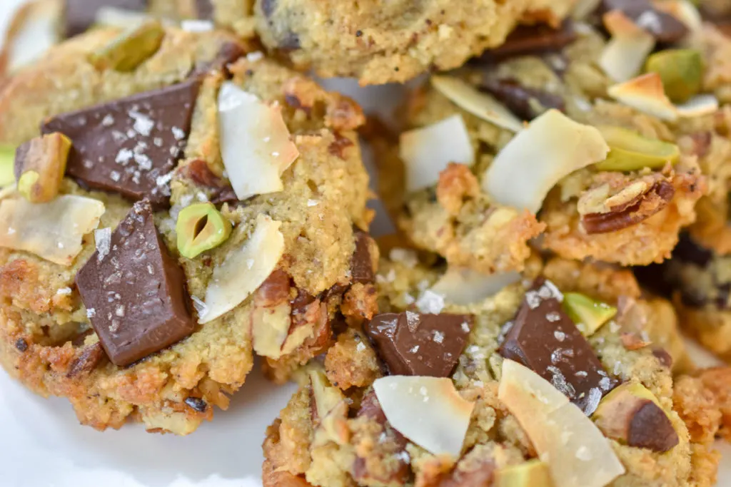 keto trash cookies up close on a white plate