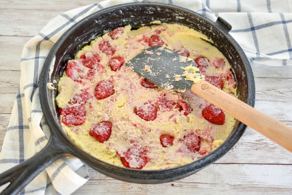 no-roll keto raspberry scones batter in cast iron skillet