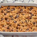 These Keto Peanut Butter Chocolate Chip Bars are loaded with peanut butter and chocolate goodness. Thick and oozing with peanut butter and melty sugar-free chocolate chips makes these the perfect little low carb treat.