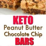 These Keto Peanut Butter Chocolate Chip Bars are loaded with peanut butter and chocolate goodness. Thick and oozing with peanut butter and melty sugar-free chocolate chips makes these the perfect little low carb treat.  #ketopeanutbutterchocolatechipbars #ketocookiebars #lowcarbcookiebars