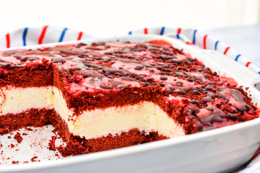 Low-carb red velvet ice cream cake served