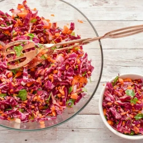 This Keto Red Cabbage And Carrot Slaw recipe is the perfect spring & summer side dish. It features a tangy apple cider vinaigrette that keeps this slaw light, crunchy, and slightly spicy.  It's a refreshing salad that packs a lot of nutrition.  