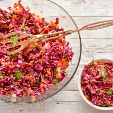 This Keto Red Cabbage And Carrot Slaw recipe is the perfect spring & summer side dish. It features a tangy apple cider vinaigrette that keeps this slaw light, crunchy, and slightly spicy. It's a refreshing salad that packs a lot of nutrition.