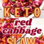 keto red cabbage slaw served in a small white bowl from a clear salad bowl