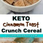 Keto cinnamon toast crunch cereal being made and served.