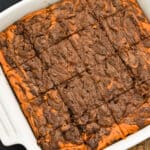 keto pumpkin cheesecake brownies in a white baking dish