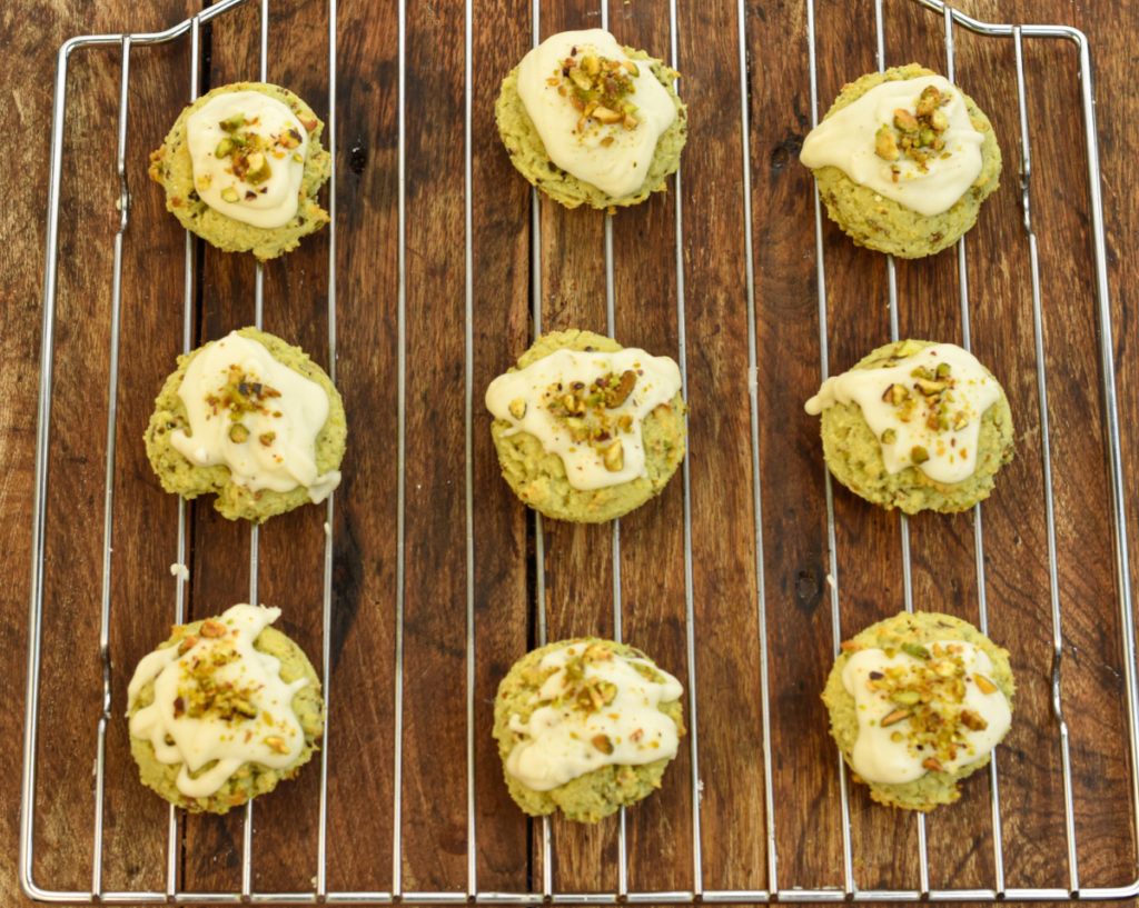 keto pistachio cookies on a cooling rack