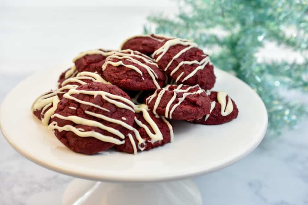 keto red velvet cookies with a Christmas background