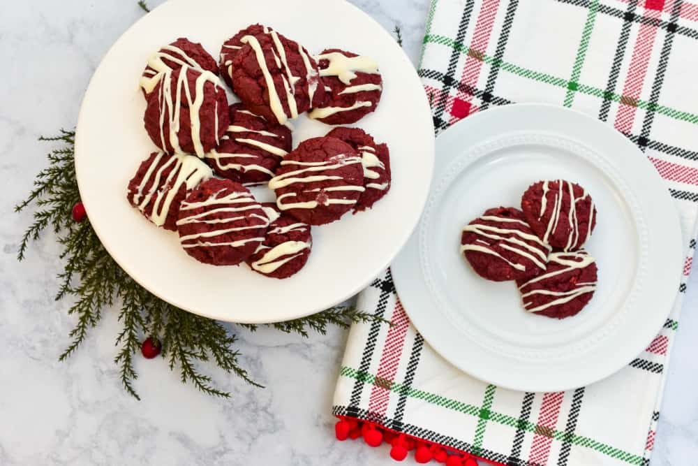 keto red velvet cookies on a plaid napkin