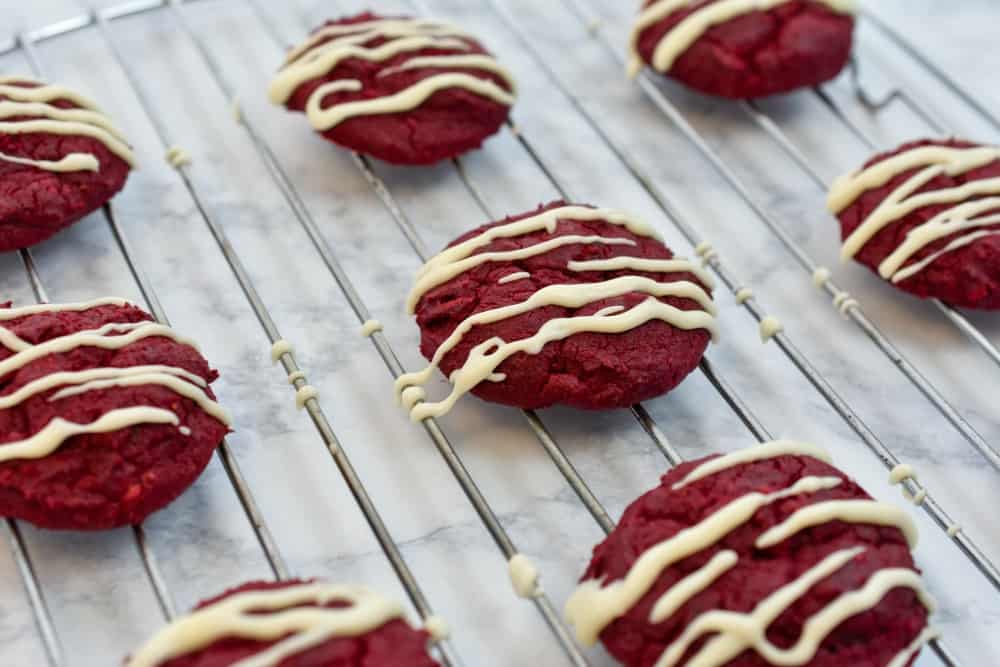 red velvet keto cookies on a cooling rack