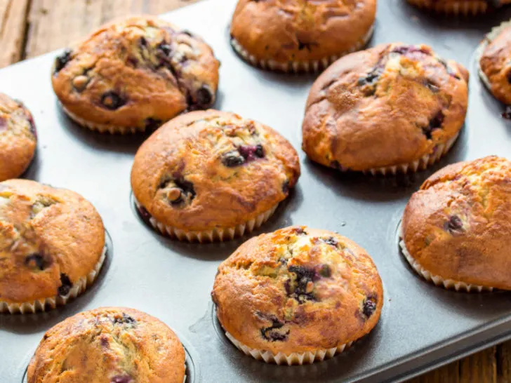 keto-friendly blueberry muffins baked in a muffin tin