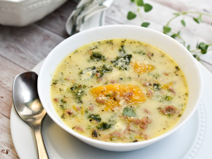 Best keto zuppa toscana served in a white bowl