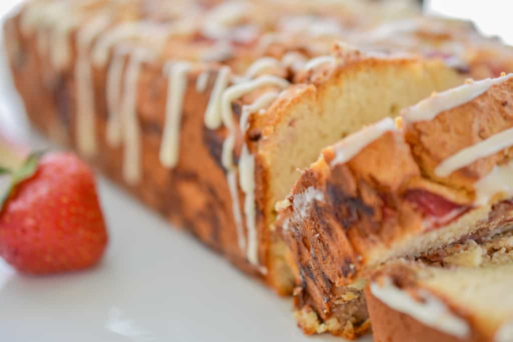 keto strawberry rhubarb bread sliced upclose