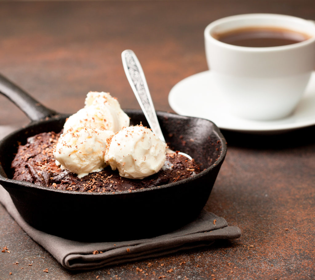 keto skillet brownie a la mode with a cup of coffee