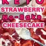 Keto strawberry no bake cheesecake made in a large pan being served
