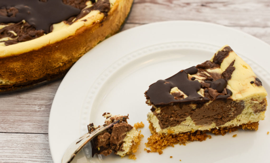 keto-friendly marble cheesecake served on a white plate