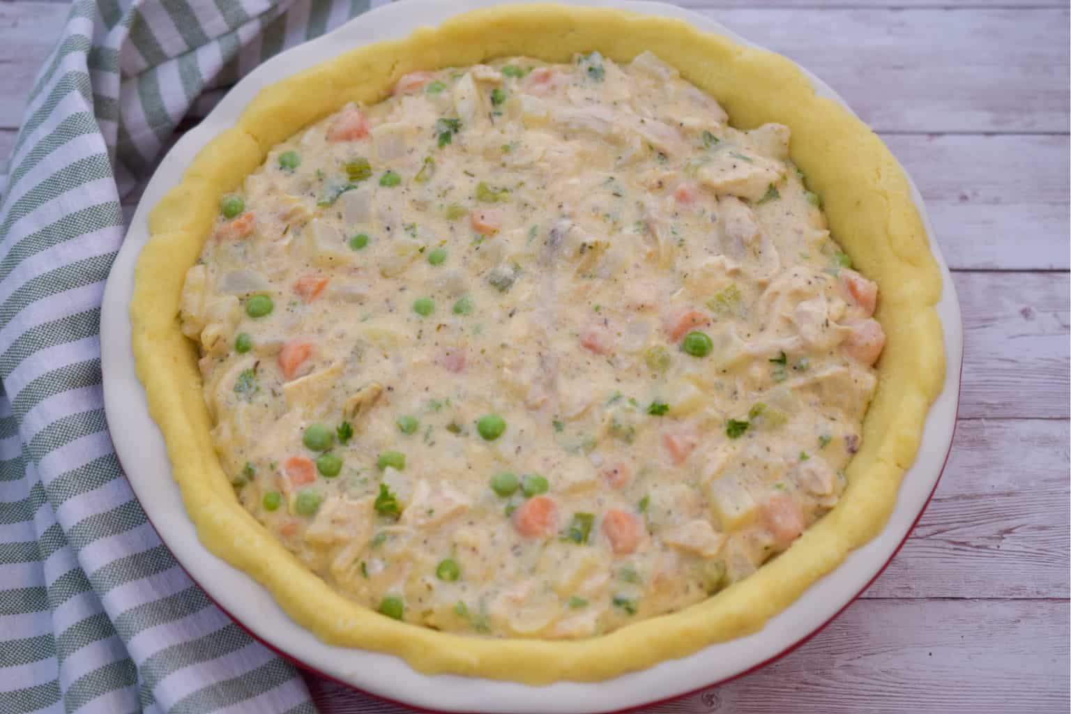 keto chicken pot pie filled waiting for the top crust layer