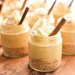 keto no bake pumpkin cheesecake in small mason jars