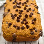 keto pumpkin chocolate chip bread cooling on a baking rack