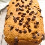 keto pumpkin chocolate chip bread cooling on a baking rackketo pumpkin chocolate chip bread cooling on a baking rack