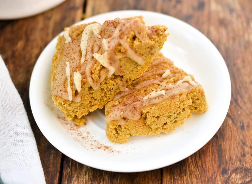 keto pumpkin scones close up on white plate