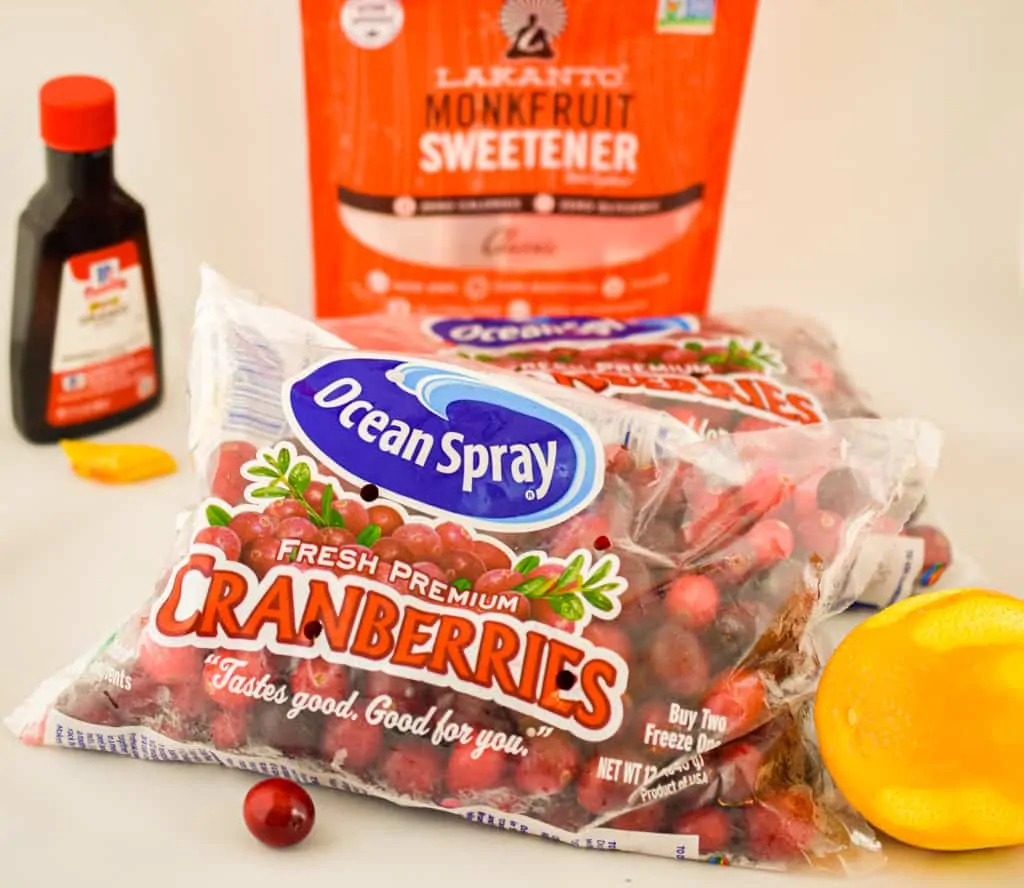 bag of cranberries and other supplies for keto cranberry sauce