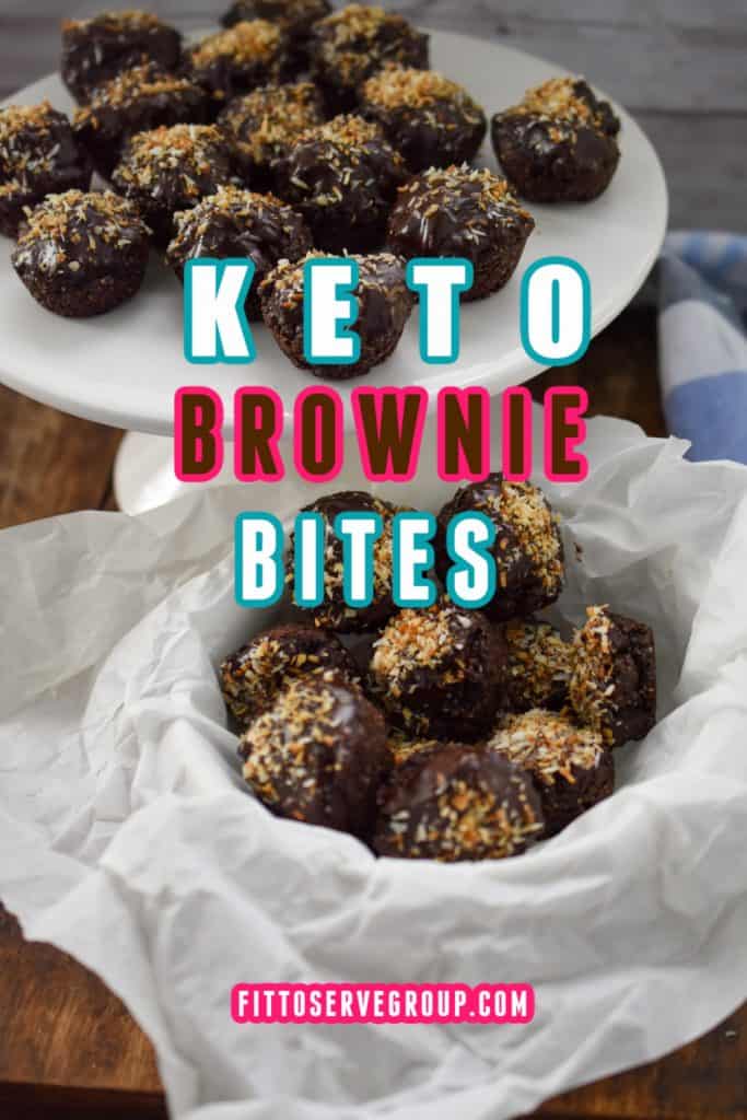 keto brownie bites displayed on small bowl and cake plate