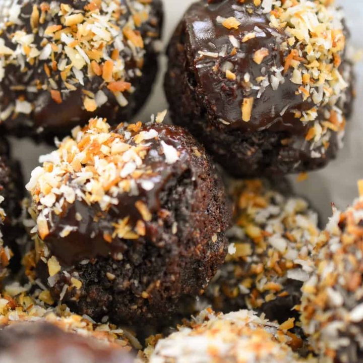 Keto brownie bites with toasted coconut close up