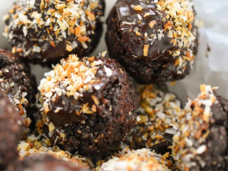 Keto brownie bites with toasted coconut close up