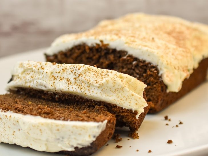 keto gingerbread loaf on a white platter