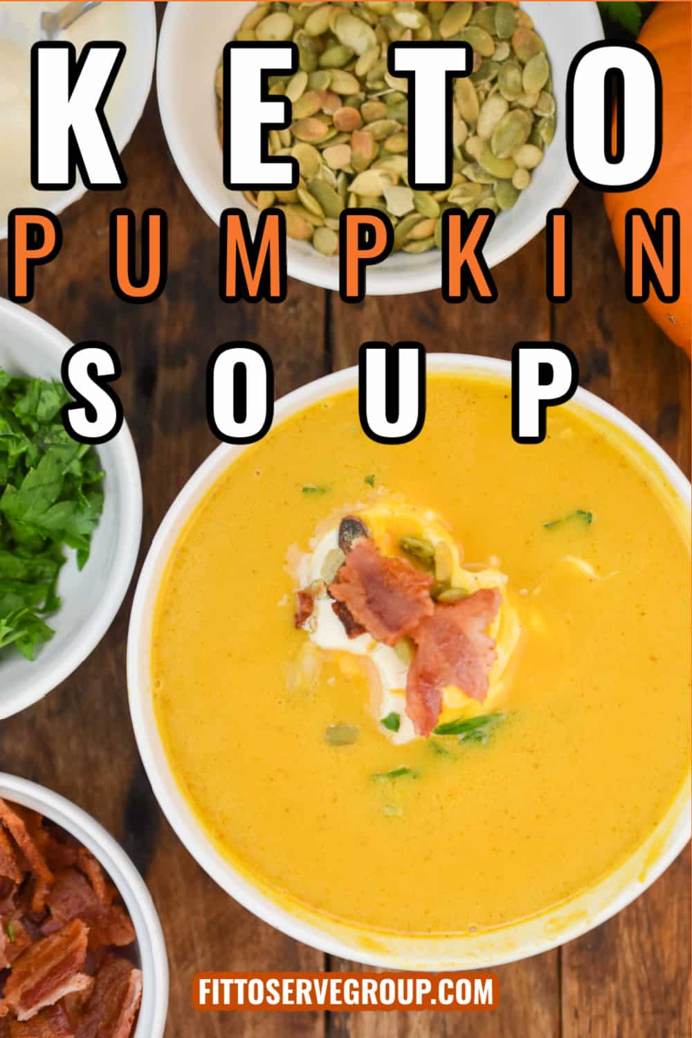 Easy Keto Pumpkin Soup ready to served in a white bowl