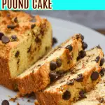 Keto chocolate chip pound cake sliced on a white large platter