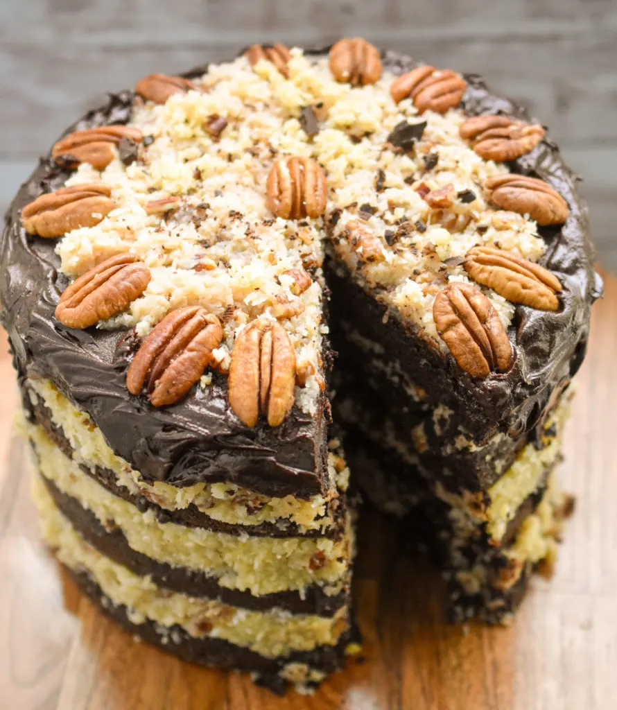 low carb German chocolate cake with a slice removed