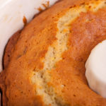close up image of keto sour cream pound cake baked in a bundt pan