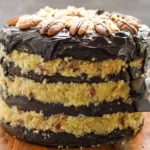 keto German chocolate 4 layer cake being sliced