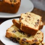 keto chocolate chip pound cake sliced and served