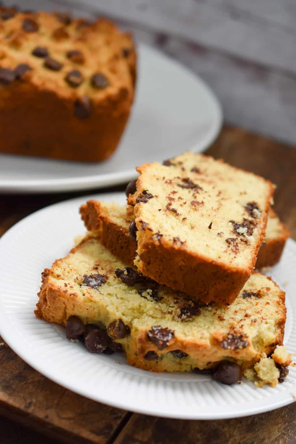 keto chocolate chip pound cake sliced and served