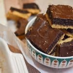 keto shortbread brownies piled in a teal and gold bowl