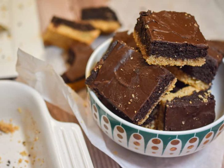 keto shortbread brownies piled in a teal and gold bowl